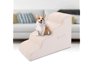 VHASO High Density Foam Dog Stairs Steps, 20.8’’ Non-Slip Extra Wide Deep Pet Steps for Beds Or Couches, for Injured or Older Pets Dogs and Cats with Joint Pain, 4-Tiers (Beige)