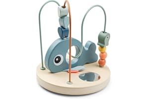 Done by Deer Wally Bead Maze - Educational Toy for Kids - Ocean Blue Theme - Fine Motor Skill Development - Whale & Underwater Elements - Soft Crinkling Fabric on Fins - Small Mirror - Sturdy Base