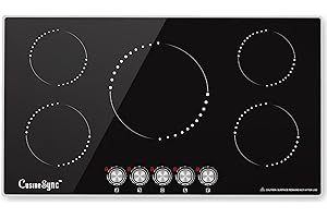 Cusinesync 36 Inch Induction Cooktop, 5 Burner Electric Cooktop with 9 Power Levels, Knob Control, Auto shutdown and Residual Heat Warning, 9200W, 220-240V for Hard Wire