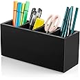 Bivvclaz Pencil Pen Holder for Desk, Wooden Office Desk Organizers and Accessories with 4 Slots for Countertop, Makeup Brush Holder Organizer for Bathroom Vanity, Silverware Caddy for Party, Black