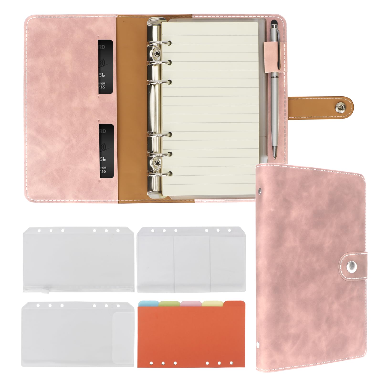 FYY A6 Ring Binder Notebook, 6 Ring A6 Binder with A6 Refill Papers, Binder Pockets and Subject Dividers Paper Sheet, Travel Binder Journal Personal Planner with Ring Binder Pink