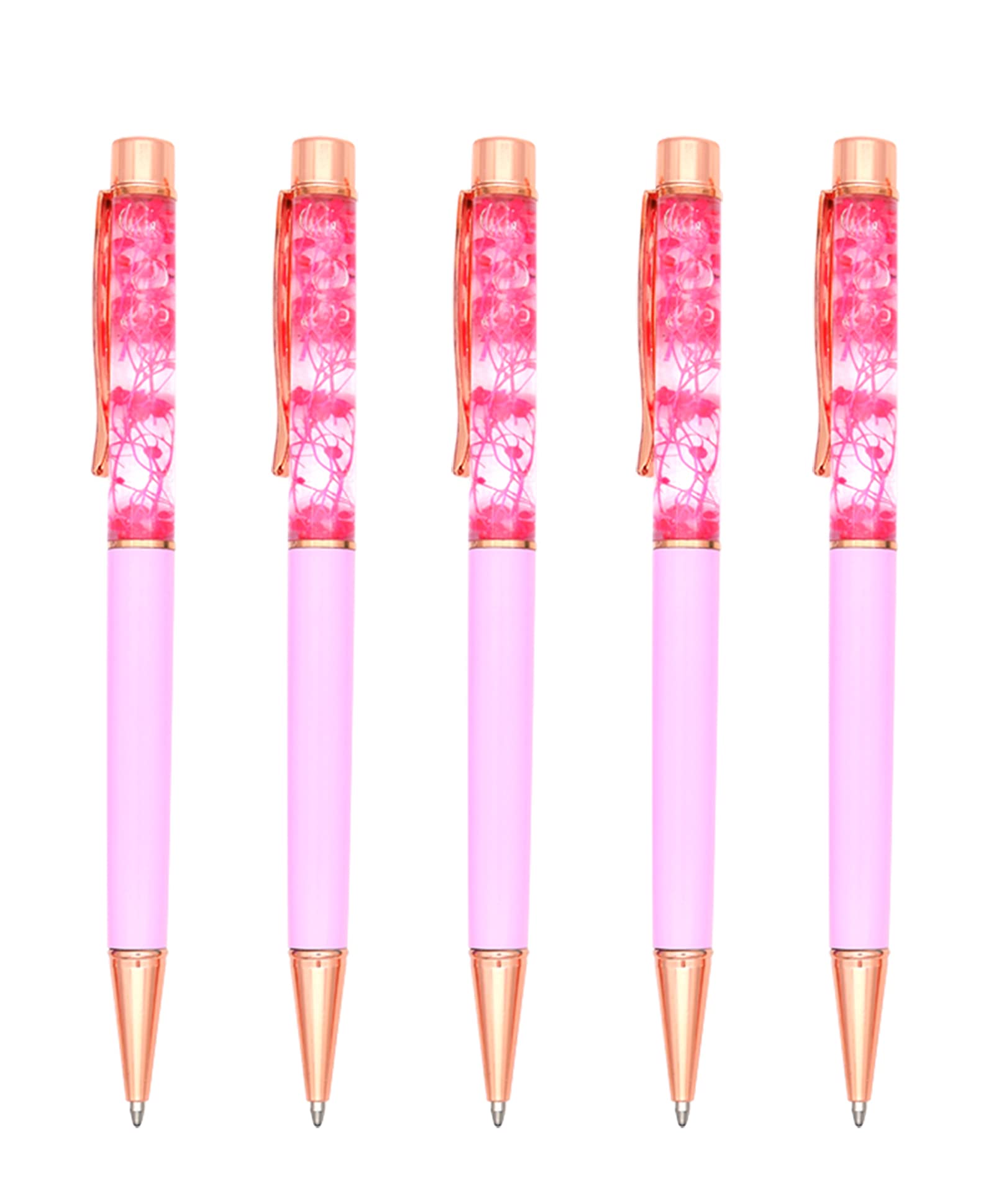 Gullor 5 Pieces Floral Ballpoint Pen Metal Flower Pen Dynamic Liquid Flower Pen, Black Ink, Pink