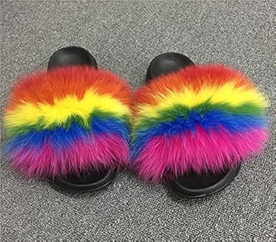 multicolor fur slides