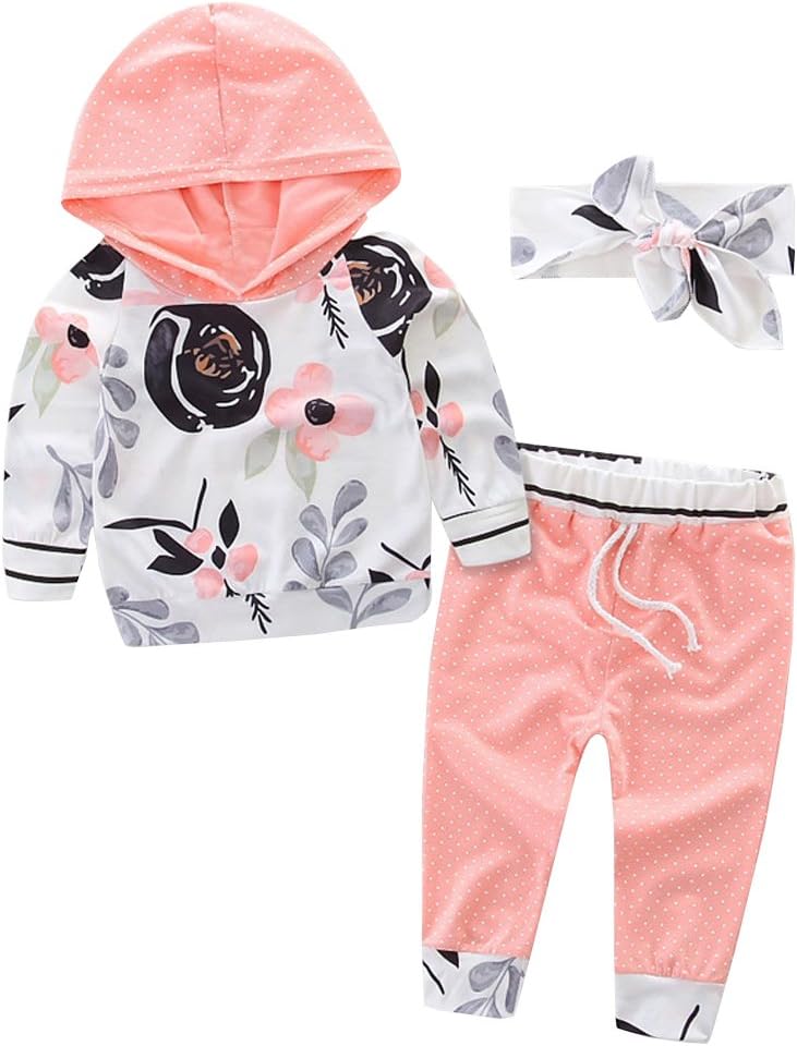 KIDSA 0-3T Baby Toddler Little Girls Clothes Floral Hoodie Tops Polka Dot Pants Outfits Set with Headband