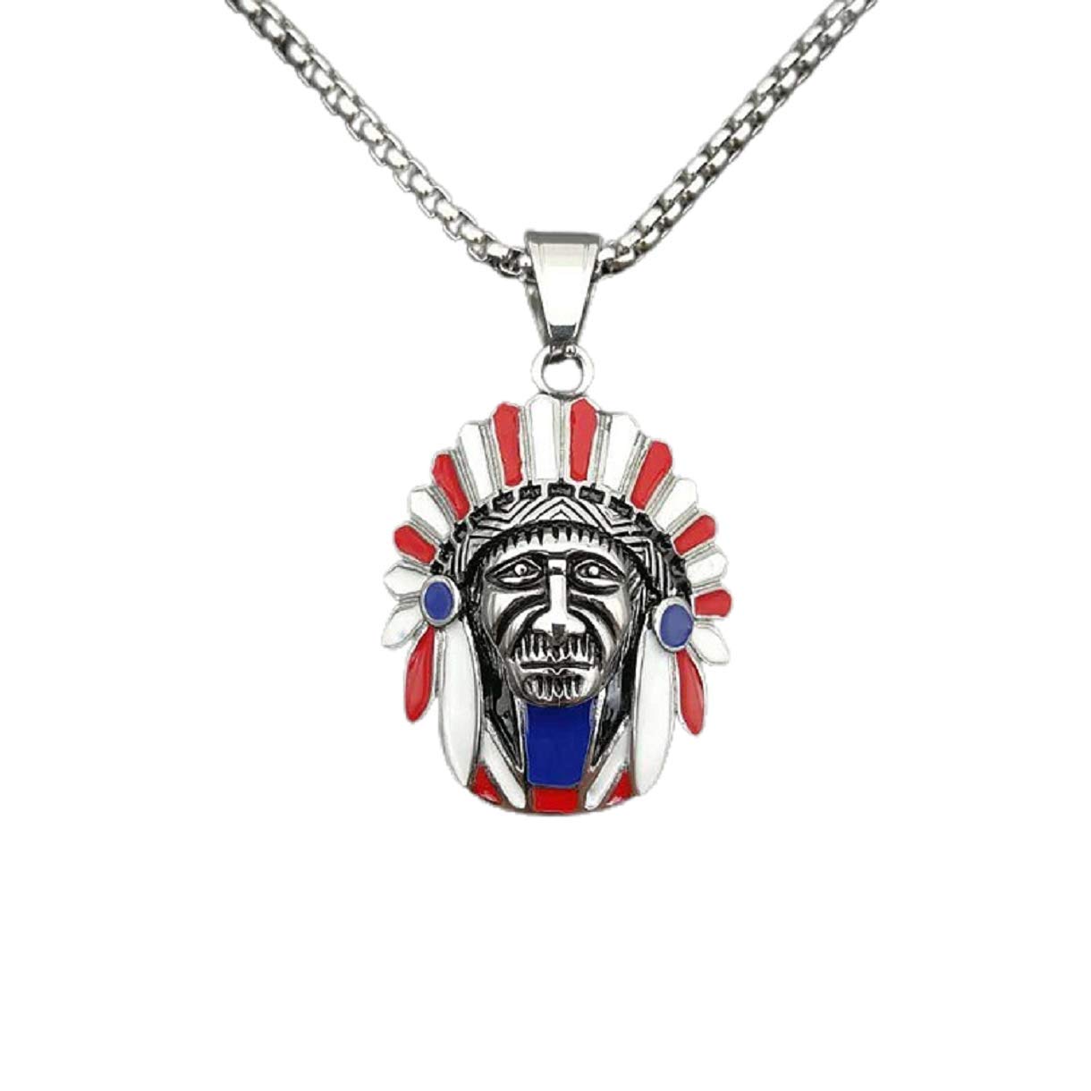 MayiaHey Native American Indian Chief Head Necklace for Men, Stainless Steel Silver Indian Chief Head Necklace Gold Indian Chief Headdress Necklace (Silver)