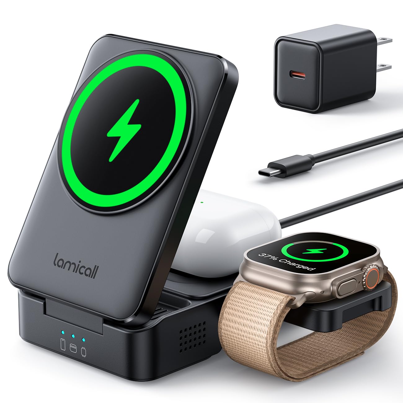 Lamicall Travel 3 in 1 Wireless Charging Station for Apple MagSafe, [Upgraded Cooling] Foldable Magnetic Charger Stand for iPhone 17 16 15 14 13 Pro Max, AirPods, Apple Watch (Adapter Included)