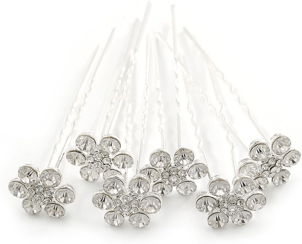 Avalaya Bridal/Wedding/Prom/Party Set of 6 Clear Austrian Crystal Daisy Flower Hair Pins in Silver Tone