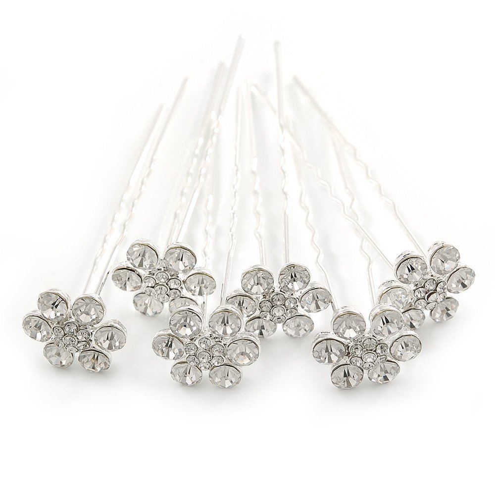 Bridal/Wedding/Prom/Party Set Of 6 Clear Austrian Crystal Daisy Flower Hair Pins In Silver Tone