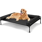 Veehoo Outdoor Elevated Dog Bed-Cooling Raised Dog Cot for Large Sized Dogs | Three-Sided Fence Raised Pet Cot with Mesh &amp; No-Slip Feet Dog Hammock Bed with Removable Bolster-41" x 27" Black