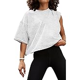 Women's Oversize Workout Crop Tops Casual Short Sleeve Drop Shoulder Boxy T-Shirts Roll Hem Basic Loose Yoga Running Tees