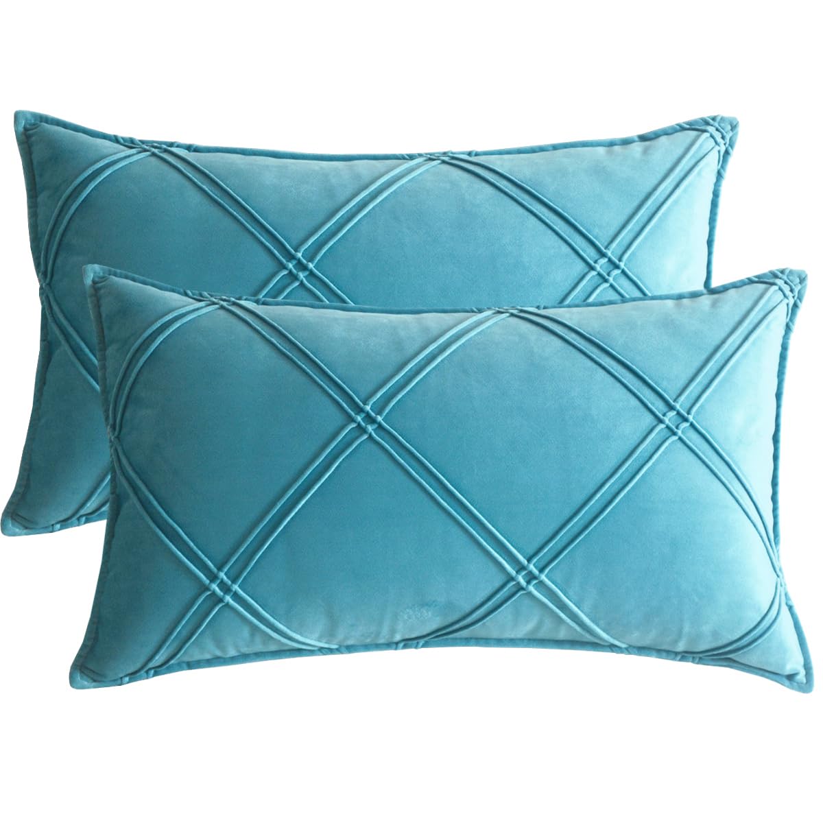 Lutanky Peacock Blue Velvet Cushion Covers Decorative Rectangle Throw Pillow Covers Checked Design Elegant Pillowcases for Sofa Bed Living Room 12x20 Inch 30 x 50 cm Set of 2