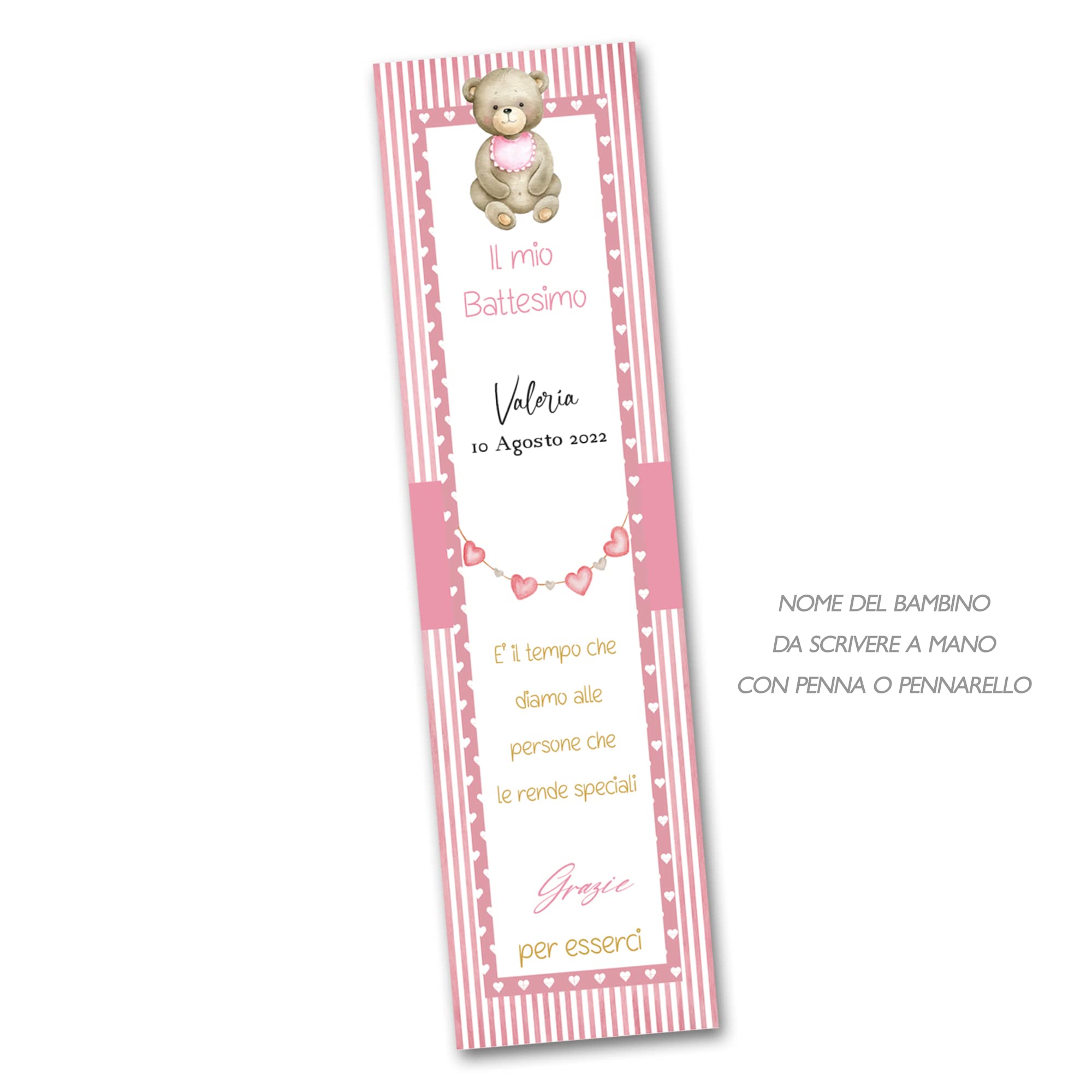 30 Personalised Christening Party Book Marks, 40 x 150 cm, Printed on 300 g Card for Children, Ready to Use and Easy to Fill in (Pink Bear)