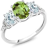 Gem Stone King 10K White Gold Oval Green Peridot Sky Blue Aquamarine & Diamond Accent 3 Stone Engagement Ring | 2.24 Cttw | 3 Stone Wedding Anniversary Promise Ring For Women