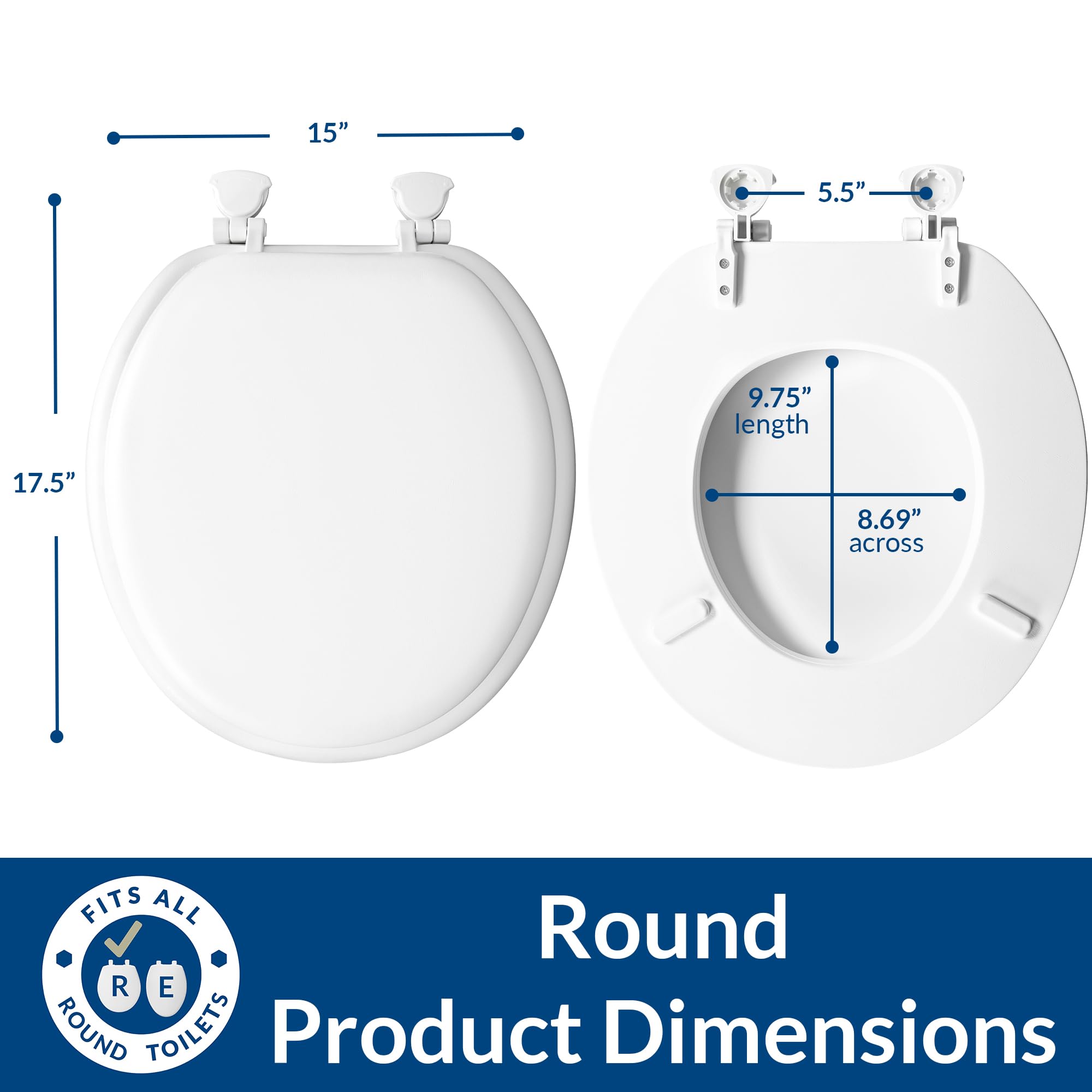 Mayfair Padded Toilet Seat, Cushioned Soft Vinyl over Wood Core Seat, Secure Hinges, Easy Clean, Round, White