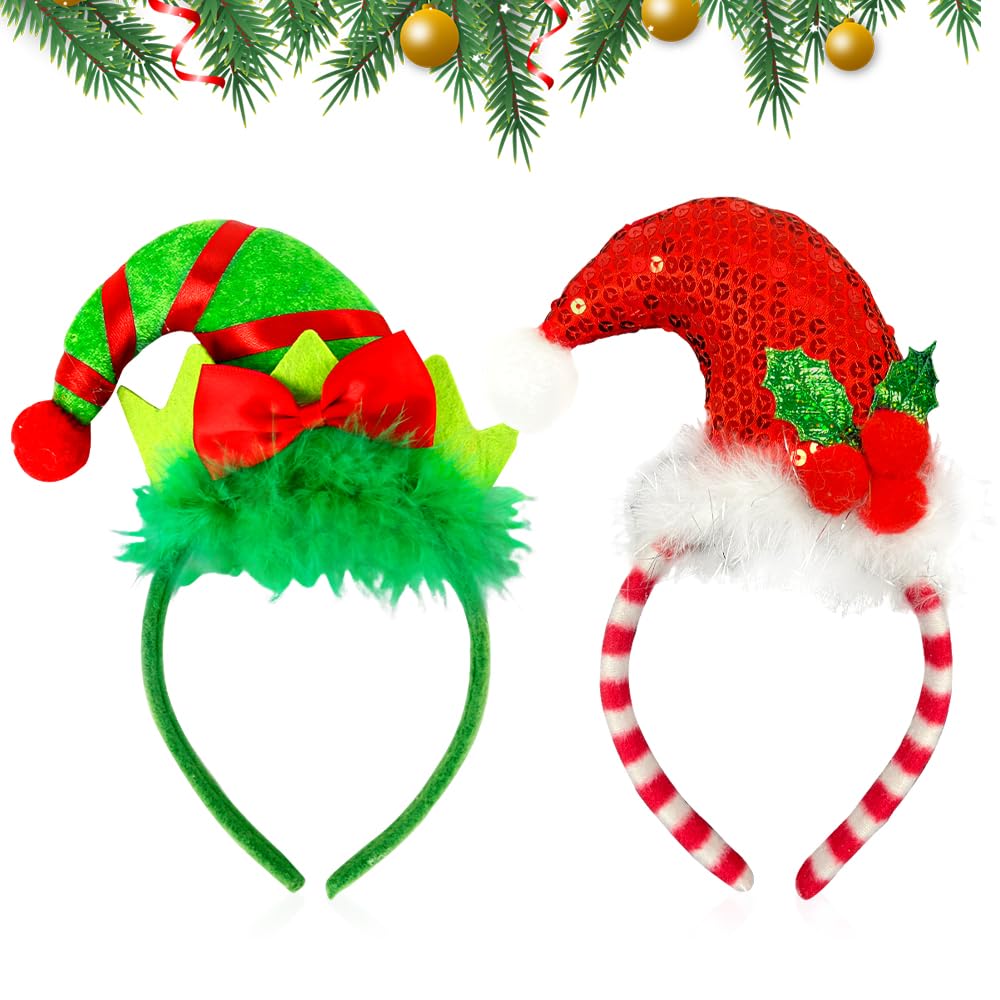LKNBIF 2 Pack Christmas Hat Headband, Bow-Shaped Fairy Hair Accessory, Christmas Fancy Dress Costume Accessory Party Hat Headwear Novelty Hair Accessories Decoration(Green, Red)