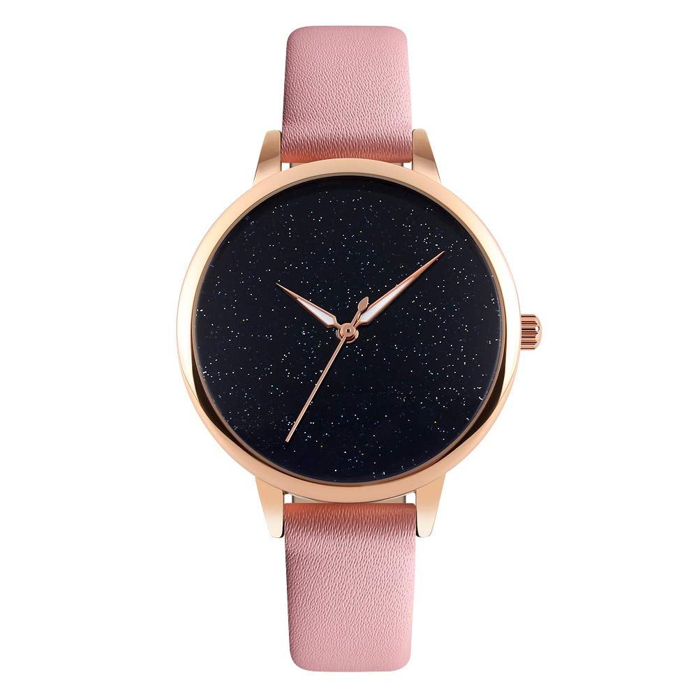 FeiWen Fashion Watch for Women Lady Girl Unique Starry Sky Dial Gold Stainless Steel Case with Leather Band Casual Minimalism Analog Quartz Watches, Pink