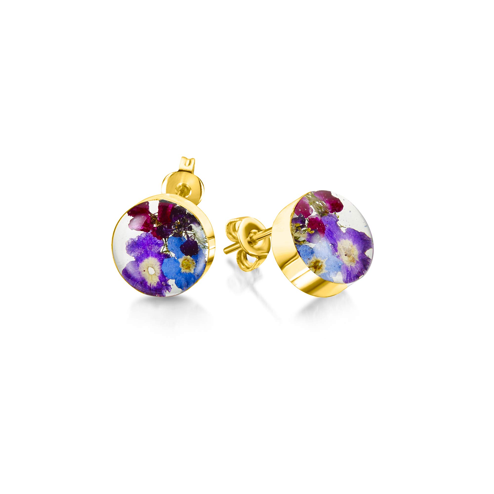 Shrieking Violet 18ct Gold-Plated Round Real Flower Stud Earrings - Assorted Flowers (Purple Haze)