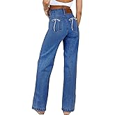 Sidefeel Women's Jeans High Waisted Straight Leg Stretchy Y2K Ribbon Bowknot Loose Wide Leg Denim Pants Blue Size 18