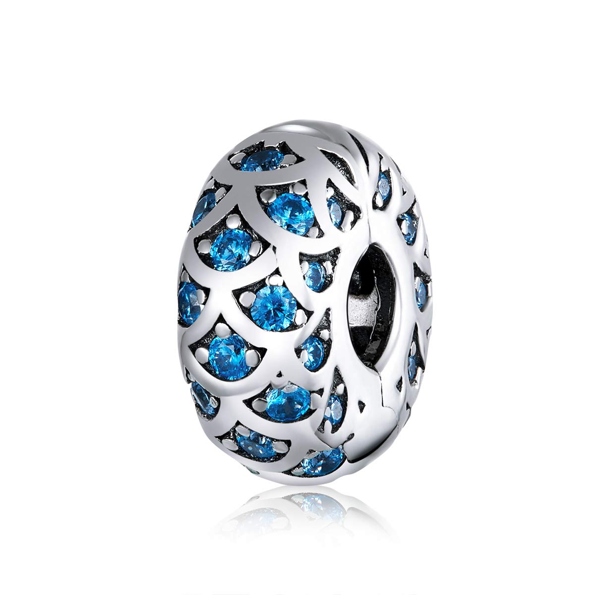 Clip Spacer Charm 925 Sterling Silver Blue White Crystal Charm Clip Lock Spacer Stopper Charm Bead for Bracelet,Compatible with European Charm Bracelet Beads (Blue Crystal-1pc)