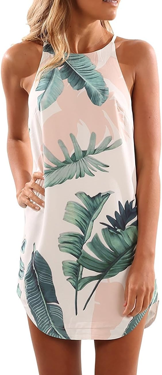 SugooVibe Womens Summer Sleeveless Print Chiffon Tropical Palm Dress Casual Sundress