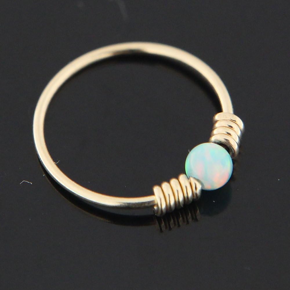 AZARIO LONDON 9K Solid Yellow Gold Light Green Opal Stone with Double Spring Coil 22 Gauge Hoop Nose Ring Tragus Helix Piercing - Image 3