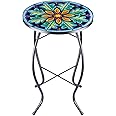 VCUTEKA Outdoor Side Table Mosaic End Table Patio Side Table Small End Table Glass Top Round Balcony Coffee Table Porch Indoor Glass Top
