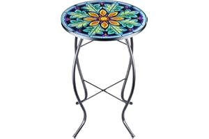 Outdoor Side Table Mosaic End Table Patio Side Table Small End Table Glass Top Round Balcony Coffee Table Porch Indoor Glass 