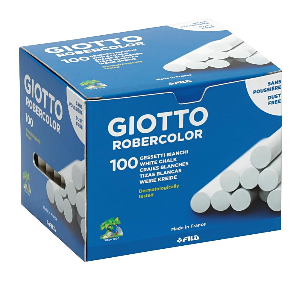 GIOTTO Robercolor White Chalk, 100 x Round Chalk Pack, Dustless & Super Washable, For Children, Parties and Schools