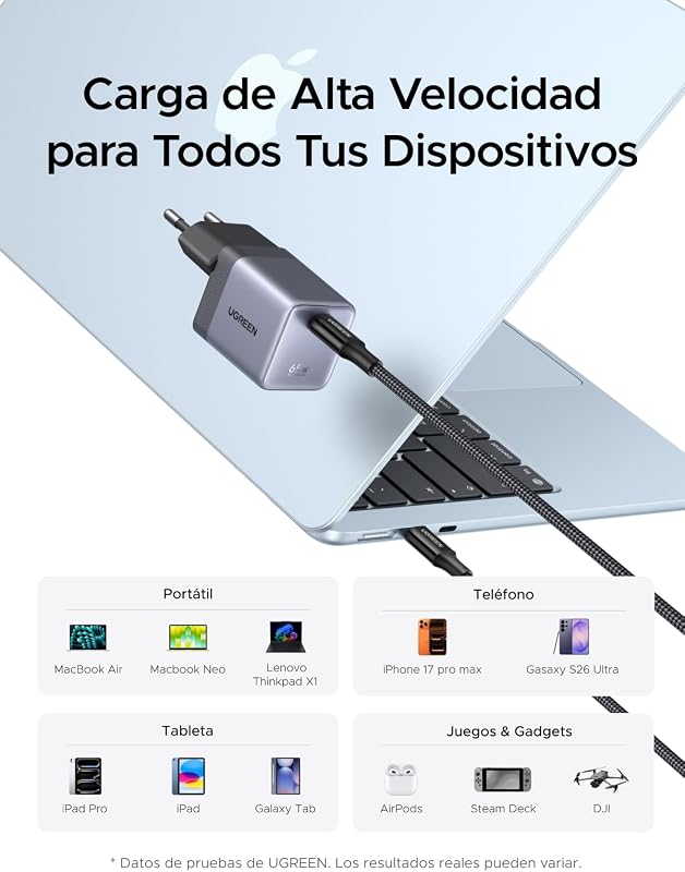 Nexode Air 65W Cargador USB C Rápida con Cable USB C (Gray)