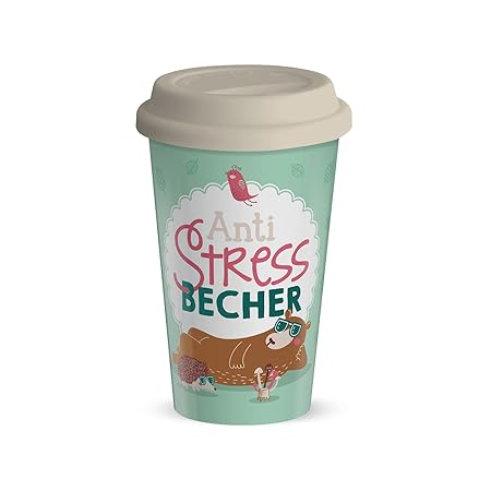 Die Geschenkewelt 44428 Becher mit Spruch Anti-Stress-Becher, Porzellan, 45 cl, mit Silikon-Deckel, pastell-farben
