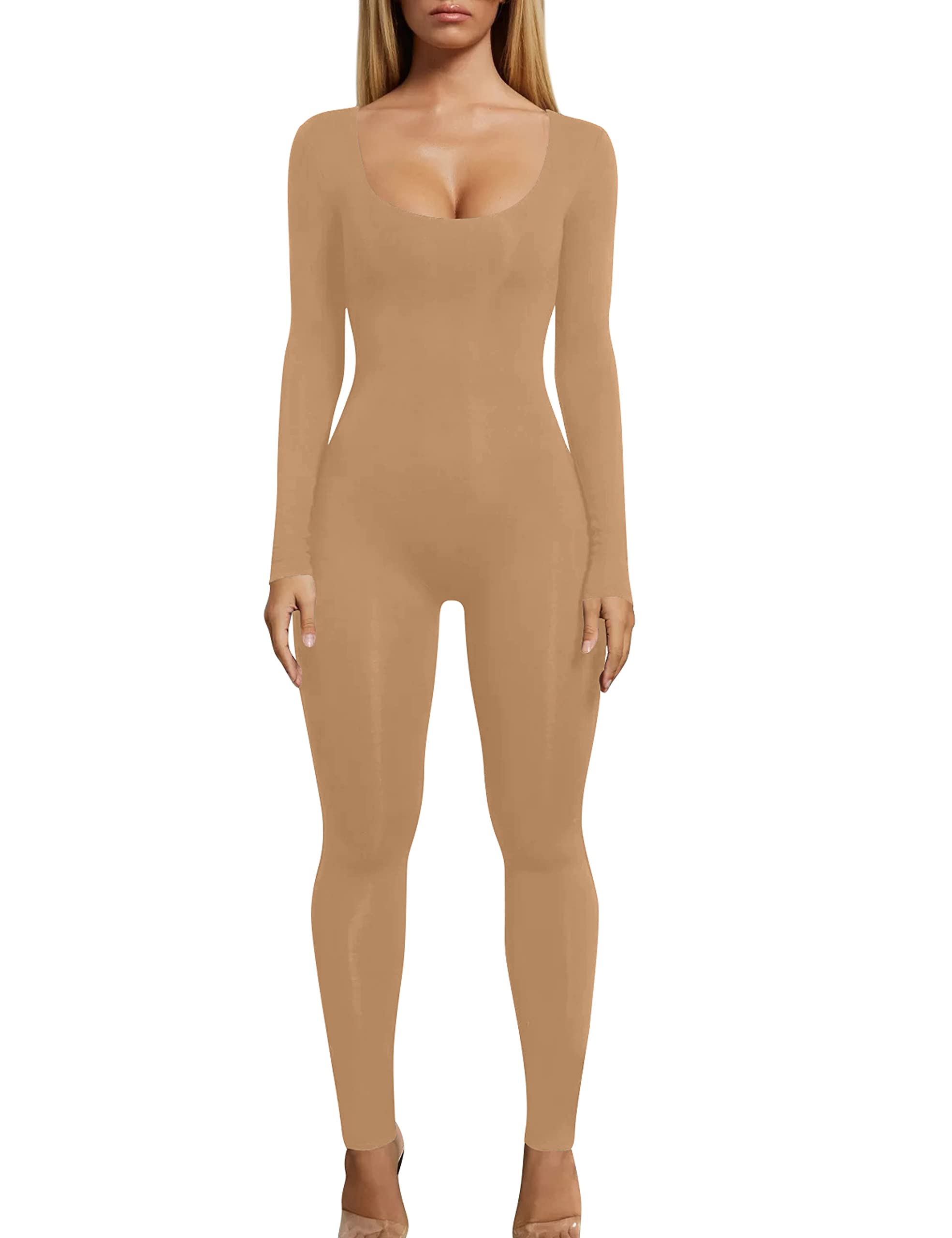 Photo 1 of VASAUGE Women's One Piece Long Sleeve Bodycon Jumpsuit Romper Sexy Club Outfits, Small, Khaki