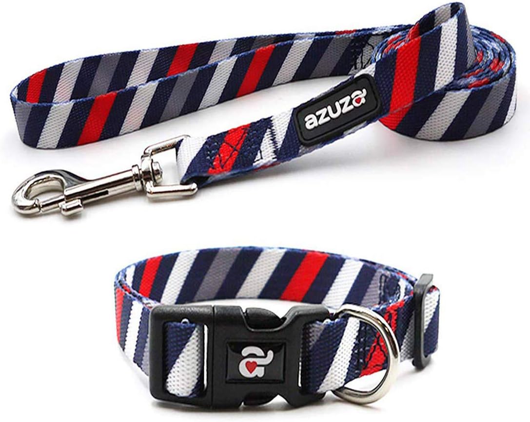 azuza Dog Collar and Leash Set, Adjustable Nylon Collar with Matching Leash, Blue Stripe for Medium Dogs