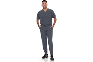 Hey Collection Men's Scrubs Set - Stretch V-Neck Top with 2 Chest Pockets & Jogger Pant with 6 Pockets