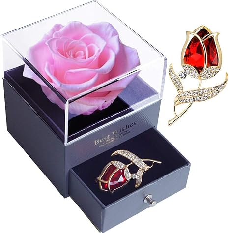 Amazon Com Forever Pink Rose Jewelry Gift Box Enchanted Real Rose With Ruby Rose Brooch Eternal Handmade Preserved Rose Flower For Women Wife Girlfriend On Valentine S Day Birthday Mother S Day Kitchen Dining