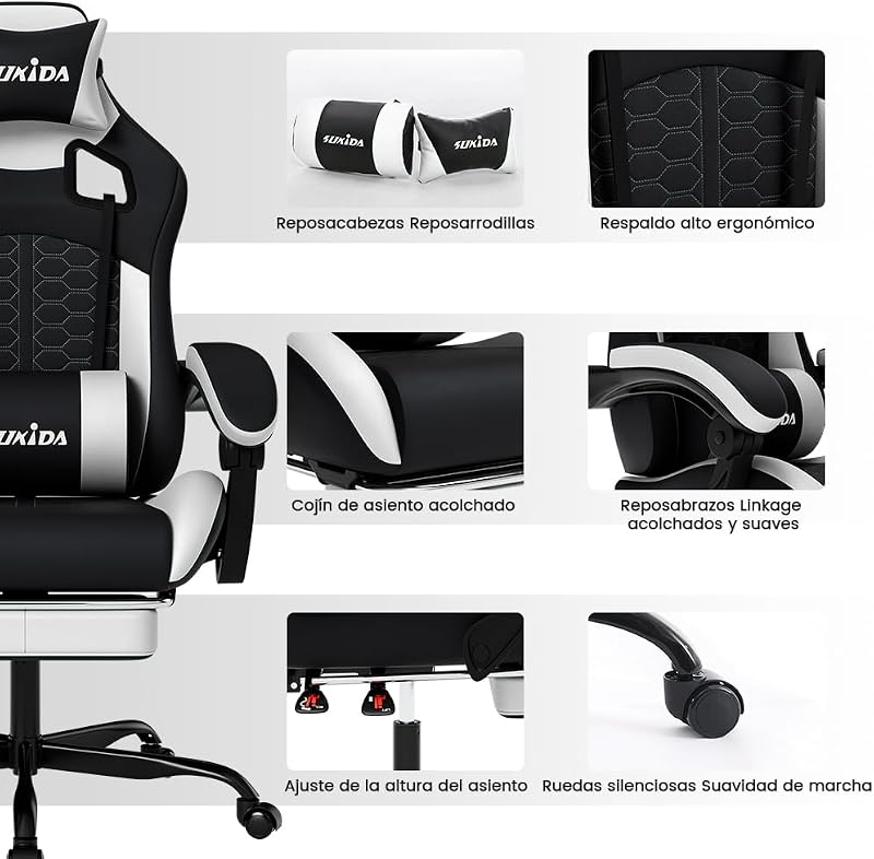 Silla ergonómica para Videojuegos, de Oficina, de Piel sintética, con reposacabezas, ergonómica, con Soporte Lumbar, hasta 150 kg — foto 7 de 8