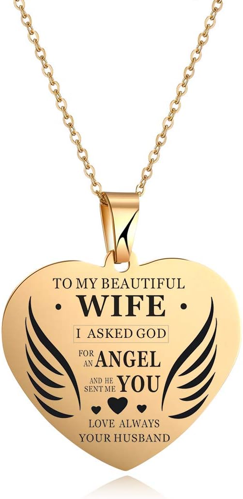 Stainless Steel Charm Love Heart Wing Pendant Necklace to My Beautiful Daughter Wife Granddaughter My Sweet Angel Choker Chain Jewelry from Dad Mom Grandma