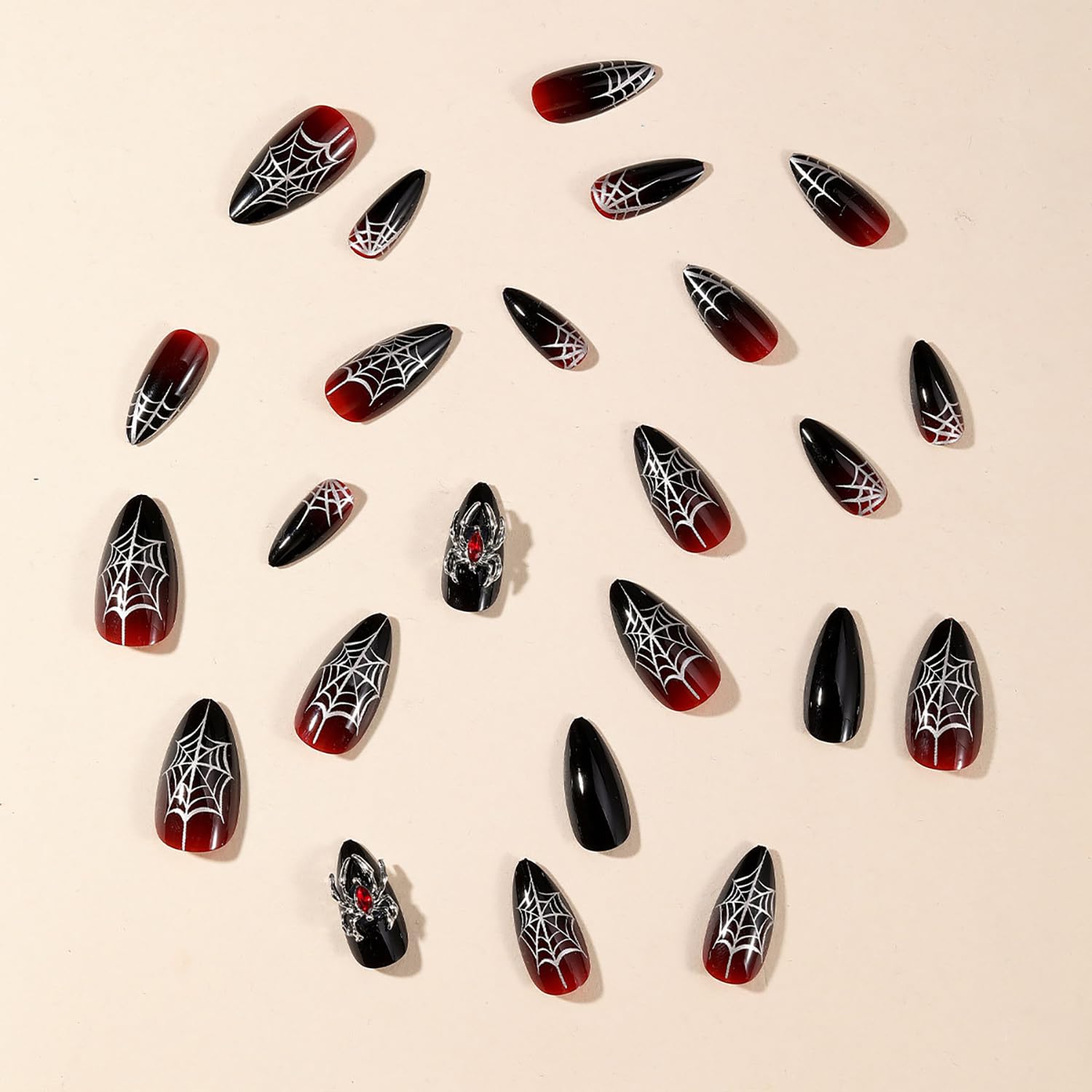 24 Pcs Reusable Almond Press on Nails Halloween Fake Nails Medium False Nails with Spider Web & 3D Spider Design Stiletto Nails Goth Nails Press ons Full Cover Stick on Nails for Women Handmade Nails - Image 3