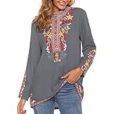 AK Women's Mexican Boho Embroidered Tops Long Sleeve Peasant Casual Loose Tunics Fall Blouse Shirts for Women