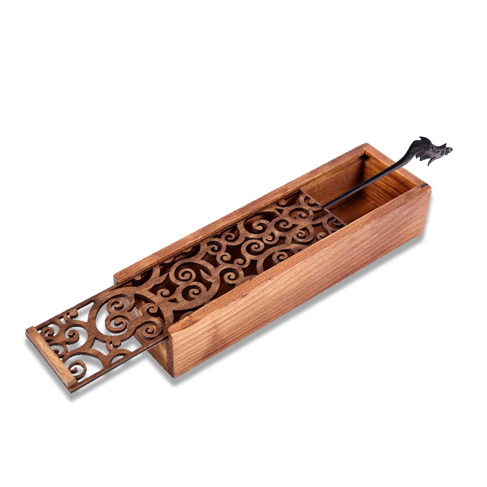 HERCHR Wooden Oblong Box Vintage Art Supply Wooden Storage Box with Sliding Lid 7.7x2.2x1.6inch Hollow Carved Rectangle Wooden Sketching Pencil Case Desktop Stationery Storage Organizer Office