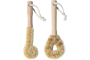 Zerodeko 2Pcs Natural Bristle Dish Scrub Brush with Wooden Handle Kitchen Cleaning for Pots Pans Bottles and
