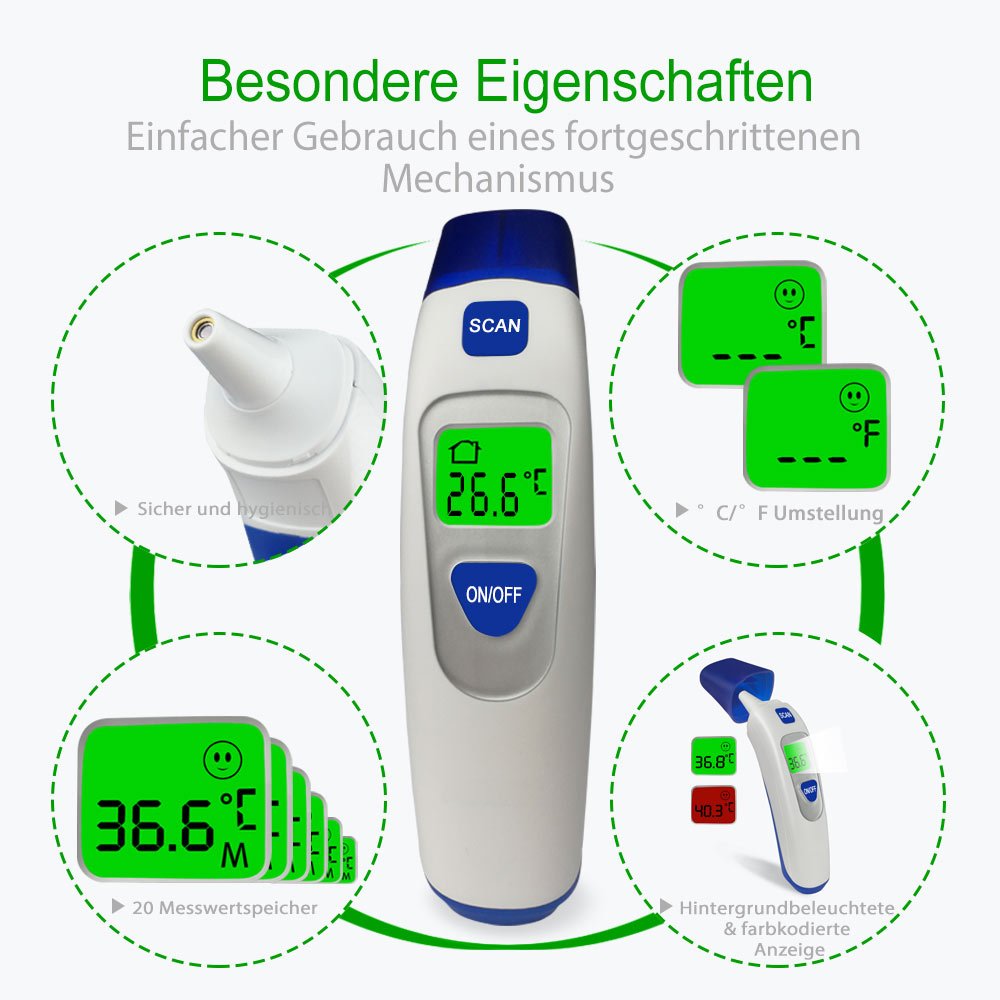 Fieberthermometer Ohrthermometer Infrarot Stirnthermometer Digital 4-IN-1 Medizinisches Thermometer von QUILLE mit Fieber Messen | Präzision: ± 0,2℃ | Abschaltautomatik für Baby Kinder Erwachsenen Objekt