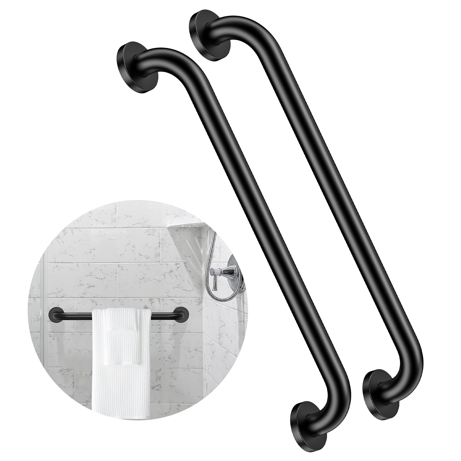 Photo 1 of 2 Pack 24 Inch Matte Black Shower Grab Bar - 1.5" Diameter, ZUEXT Stainless Steel Bathroom Grab Bar Handle, Bath Balance Bar,Safety Hand Rail Support, Handicap Injury Elderly Senior Assist Bath Handle