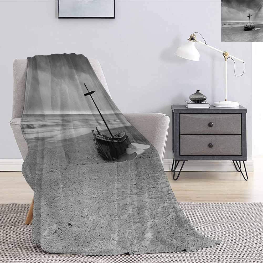 Luoiaax Shipwreck Flannel Fleece Throw Blanket Wreck Small Stranded Boat on Seaside Snow Clouds Windy Day Wave Picture Super Soft Cozy Queen Blanket W40 x L60 Inch Black and White