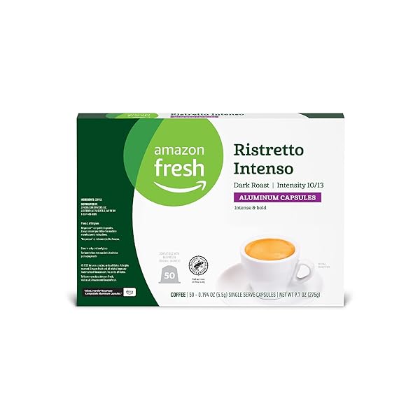 AMAZON FRESH RISTRETTO INTENSO DARK ROAST ALUMINUM CAPSULES, COMPATIBLE WITH NESPRESSO ORIGINAL BREWERS, INTENSITY 10/13, 50 COUNT (5 PACKS OF 10)