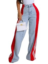Angsuttc Womens Jeans with Patchwork Stripes High