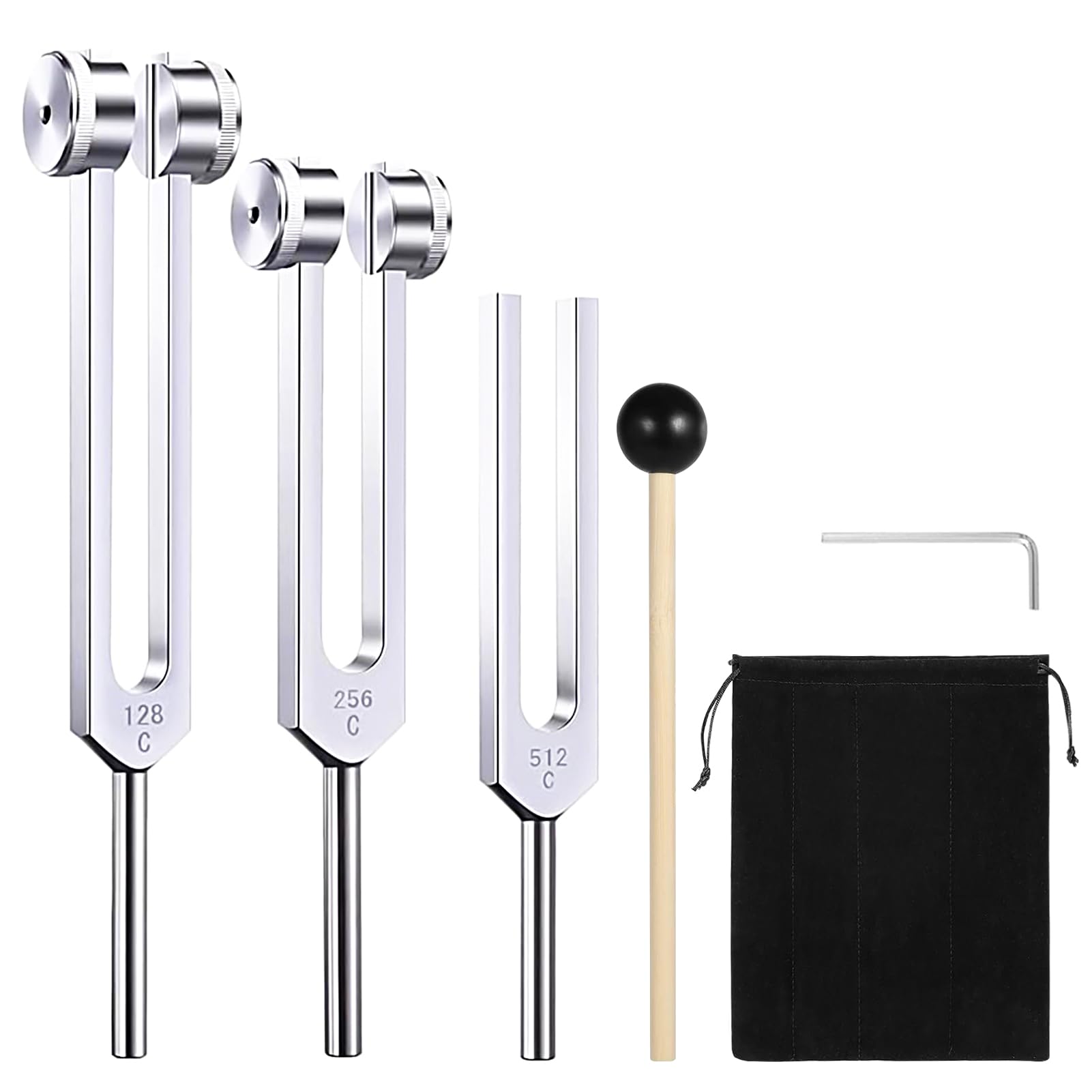 Photo 1 of Tuning Fork Set (128Hz, 256Hz, 512Hz) of 3, Weighted & Unweighted Aluminum Forks with Reflex Hammer and Storage Bag for Chakra/Healing/Medical/Sound Therapy Instruments/Yoga/Meditation Accessories