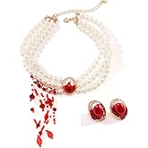 Vampire Earrings Necklace for Women Halloween Jewelry Set Vintage Dripping Blood Pearl Earrings Blood Pearl Choker Necklace Wicked Bloody Necklace Vampire Costume Women Halloween Costume Accessories