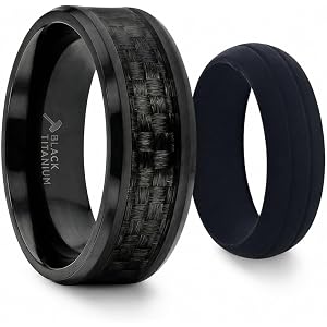 OXYN Black Titanium Polished Beveled Edges Black Carbon Fiber Inlaid Men’s Wedding Band with FREE Silicone Ring - 6mm & 8mm