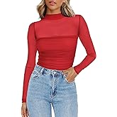 Zeagoo Womens Mesh Sheer Long Sleeve Top Mock Turtle Neck See Though Shirts Ruched Sexy Casual Going Out Blouses