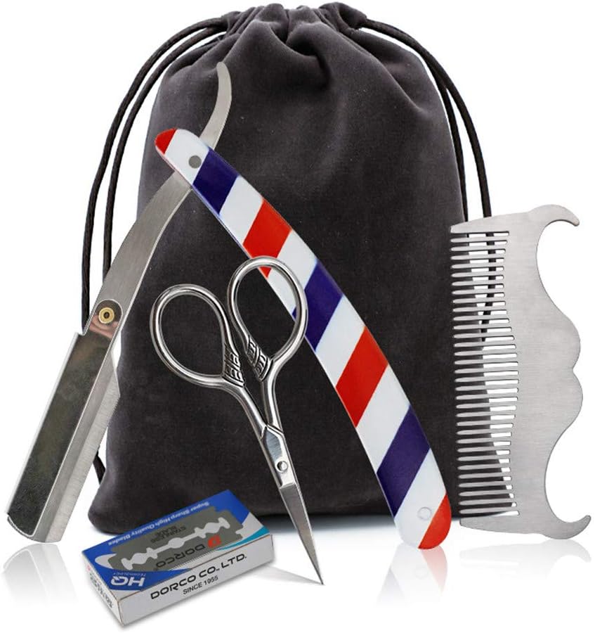 Beard Grooming Kit for Men, Beard Shaping Styling Gift, Straight Edge Razor, 10 Double Edged Blades, Scissors &Bag – 3 In 1